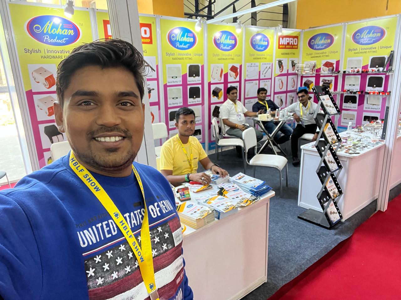 Mohan Product stall with catalogues and product display racks at the HBLF Show